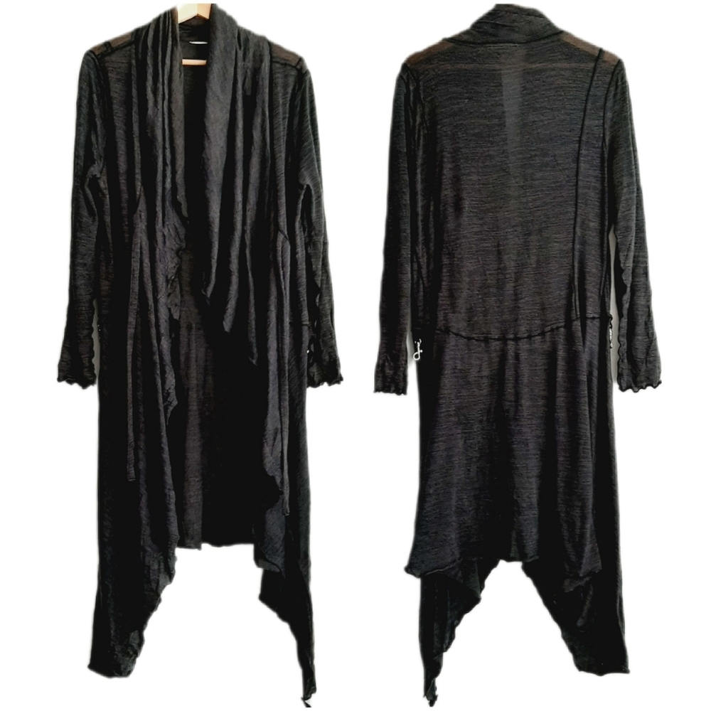 🍒 Open Front w/ Tie Long Fine Knit Cardigan Asymmetric Hem Grey Sz L
